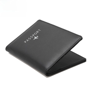 Black RFID blocking passport wallet in textured PU leather with aircraft icon engraving