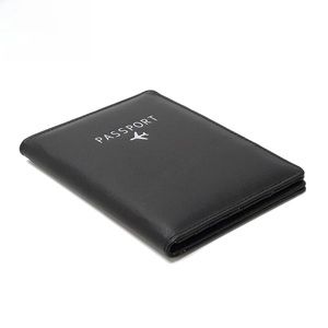 Black RFID blocking passport holder with silver plane icon for travel security
