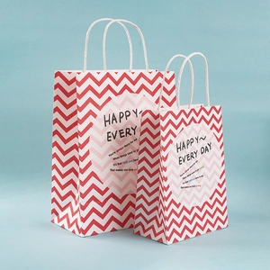 Red and white wave pattern kraft paper gift bags with Happy Every Day quote