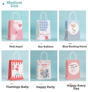 Selection of six cartoon kraft paper gift bags with white handles for birthday parties