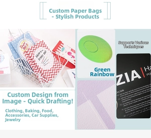 Detail of colorful kraft paper gift bags with patterns and rainbow laser print textures