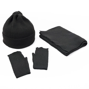 Detailed close-up of a 3-piece black knit winter set with beanie scarf and fingerless gloves
