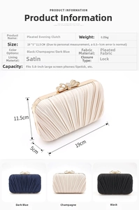 Size chart showing pleated evening clutch bags in black, champagne, and navy blue colors