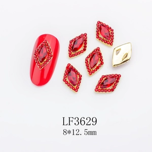 Detailed 8x12.5mm red rhombus nail crystal with alloy base for bridal nail art
