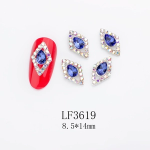 Rhombus alloy nail charms with dark blue teardrop gemstone and AB rhinestones, 8.5x14mm