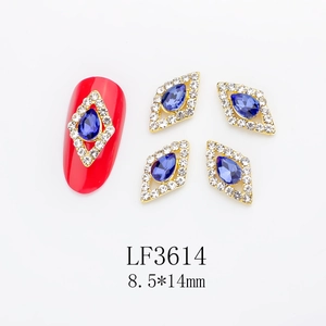 Blue teardrop crystal nail charm with gold alloy frame and white small diamonds