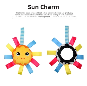 Dual-sided sun-shaped plush stroller toy featuring a baby safety mirror and colorful ribbons