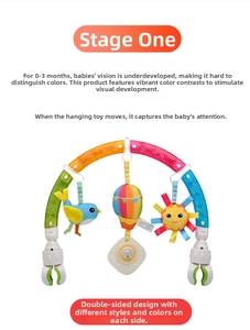 Close-up of baby stroller arch with double-sided hanging toys for sensory development