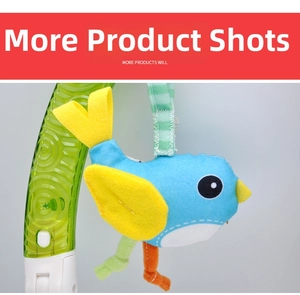 Detail of bird stroller toy featuring colorful fabrics and secure plastic clip attachment