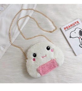 Close-up of white plush crossbody bag with cartoon embroidery and gold chain strap