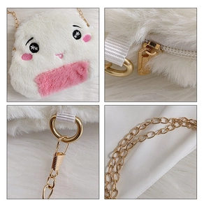 Detail shots of white plush rice ball bag with gold chain strap and cute embroidery