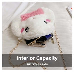 Detail show of cute plush crossbody bag interior fitting a phone, wallet and lipstick