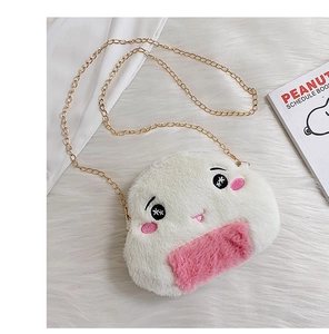 Detailed close-up of white plush crossbody bag with pink accents and golden chain strap
