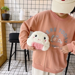 Cute Japanese plush rice ball shoulder bag with chain strap and soft white faux fur