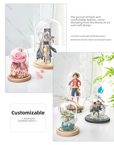 Detailed view of clear glass display dome with wooden base for figures and preserved flowers