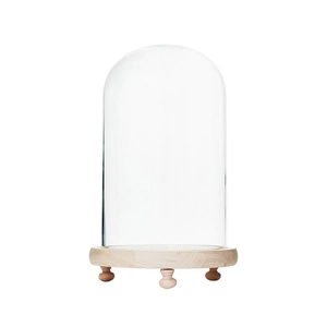 Clear glass dome display cloche with round wooden base and small spherical feet