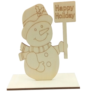 DIY unfinished wooden snowman plaque with Happy Holiday engraving and scarf detail