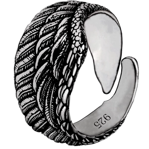 Adjustable sterling silver angel wing ring with vintage oxidized finish and 925 stamp