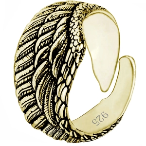 Vintage gold angel wing open ring in 925 sterling silver with detailed feather textures