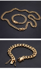 Close-up of a 13mm gold stainless steel Cuban link chain with a secure buckle clasp