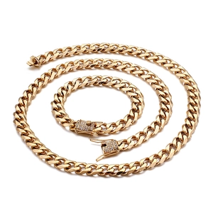 18K gold plated 11mm Cuban link necklace and bracelet set with CZ zircon stones