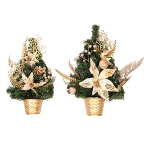 Set of two decorative mini Christmas trees with gold poinsettias in golden woven baskets
