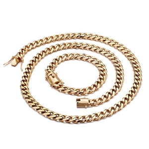 Golden 13mm stainless steel Cuban link chain necklace and bracelet set with box clasp