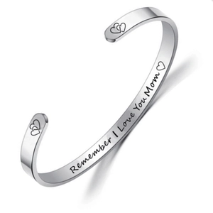 Silver cuff bracelet with Remember I Love You Mom engraving and heart symbols