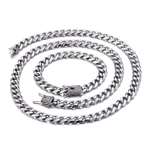 Silver cuban link necklace and bracelet set with diamond-encrusted box clasp for men