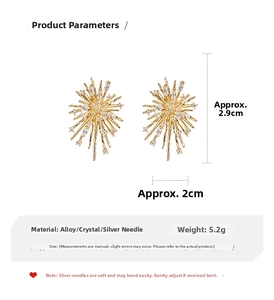 Detailed view of fireworks zircon earrings with product dimensions and material specs