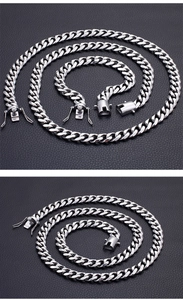 Detail of 13mm silver stainless steel Cuban link chain necklace and bracelet set