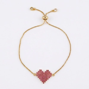Adjustable gold chain bracelet featuring a micro-pave pink zircon heart pendant