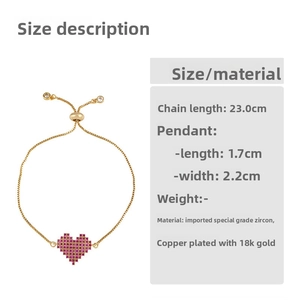 Detail showing red cubic zirconia heart pendant dimensions and adjustable gold chain