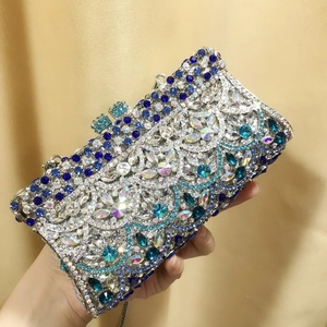 Detail of blue and turquoise crystal scales on metal frame evening clutch bag
