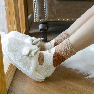 Thick warm coral fleece socks with cat paw print and white plush reindeer slippers