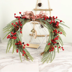 Christmas Horseshoe Wreath Artificial Pine Needle Red Berry Pine Cone Linen Bow Bell Wood Sign X-Mas Door Wall Hanging