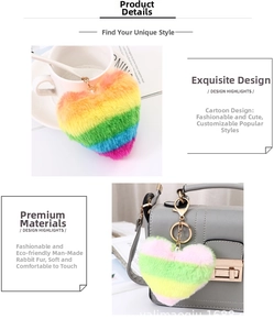 Rainbow and pastel plush heart-shaped keychain displayed on bags and white ceramic mugs