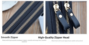 Detail of dual golden zippers and lychee grain leather on long check pattern wallet