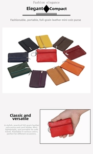 Close-up of leather coin pouches in various colors featuring metal zipper and keychain ring