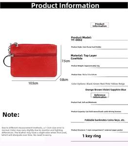 Detail view of red genuine cowhide coin purse with dimensions 10.5x7.5x0.8cm and key ring