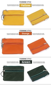 Three colors of genuine leather zipper coin purses with key rings and pebble texture