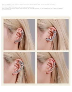 Detailed views of various silver-tone crystal butterfly and floral wrap-around ear cuffs