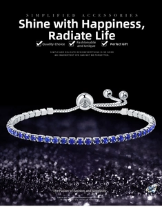 Detail of adjustable blue cubic zirconia tennis bracelet with sliding bead closure