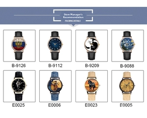 Detailed grid showing quartz watches with denim straps and various artistic dial patterns