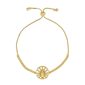 Golden Virgin Mary medallion bracelet with white crystals and adjustable box chain
