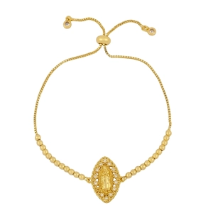 Adjustable gold plated Virgin Mary bracelet with beaded chain and sparkling crystals