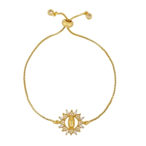 Adjustable golden bolo bracelet featuring Virgin Mary medal and zircon sunflower motif