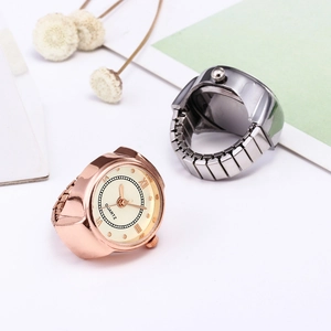 Elegant quartz finger watch rings with Roman numerals and elastic bands in gold and silver