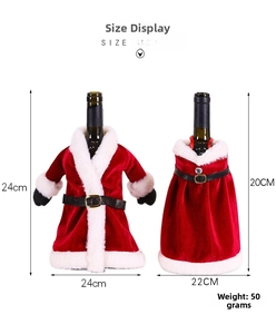 Detailed size view of red velvet Christmas wine bottle dress and suit covers with belts