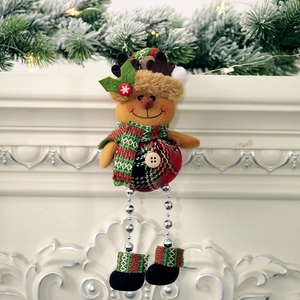 Hanging plush Christmas reindeer with silver bead legs and festive plaid scarf decor